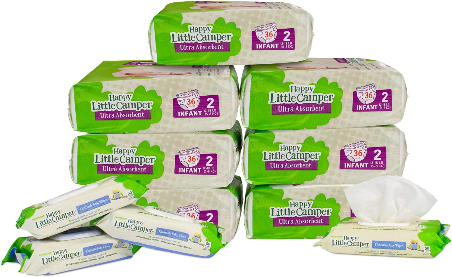 251030081606636_1 Happy Little Camper Natural Disposable Baby Diapers, Gentle on Skin, Ultra-Absorbent, Hypoallergenic, Chlorine Free, Safe for Sensitive Skin, Fragrance Free, Junior, Diapers Size 6, 102 Count - Image 1
